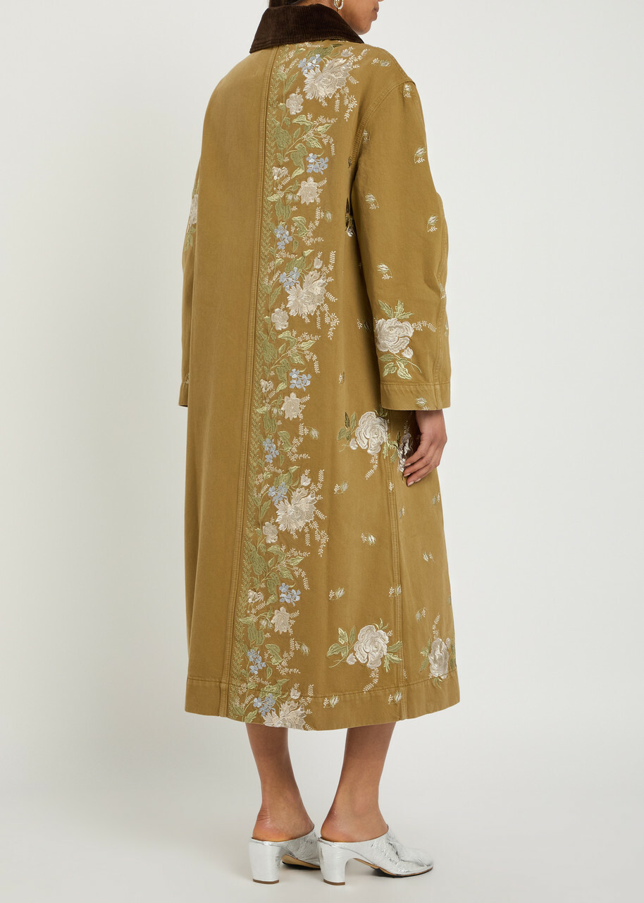 Erdem Embroidered and Embellished Denim Overcoat Camel