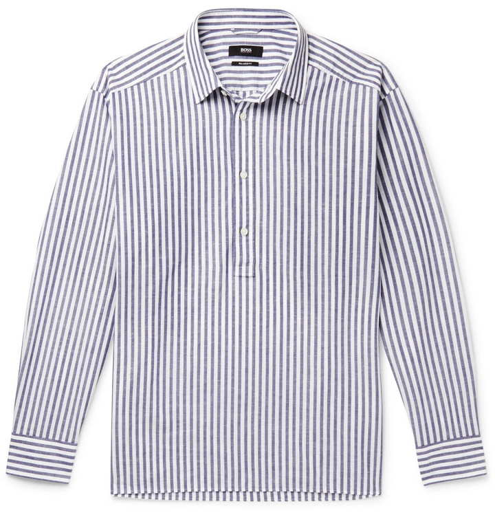 Photo: Hugo Boss - Striped Cotton and Linen-Blend Half-Placket Shirt - Blue