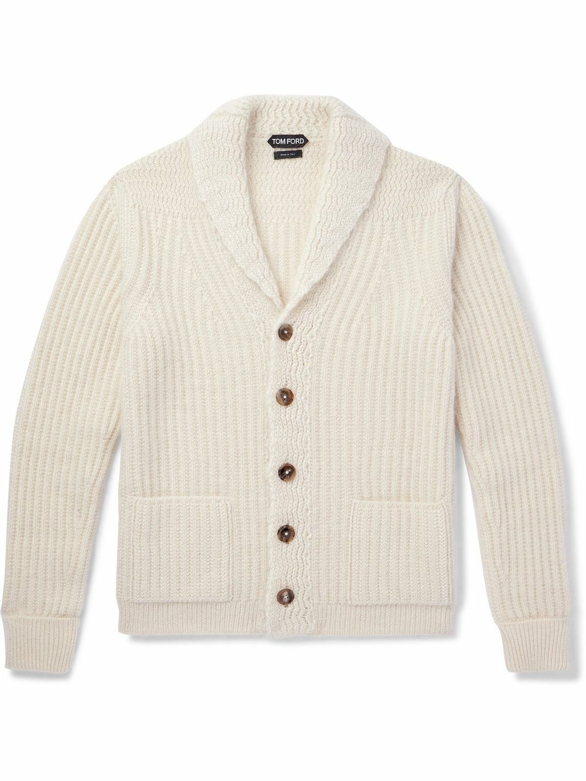 Photo: TOM FORD - Shawl-Collar Ribbed Wool, Silk and Mohair-Blend Cardigan - Neutrals