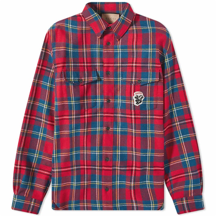 Photo: Gucci Men's Checked Logo Flannel Shirt in Red