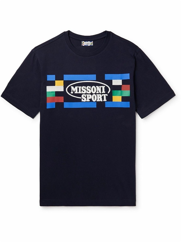 Photo: Missoni - Printed Logo-Embroidered Cotton-Jersey T-Shirt - Blue