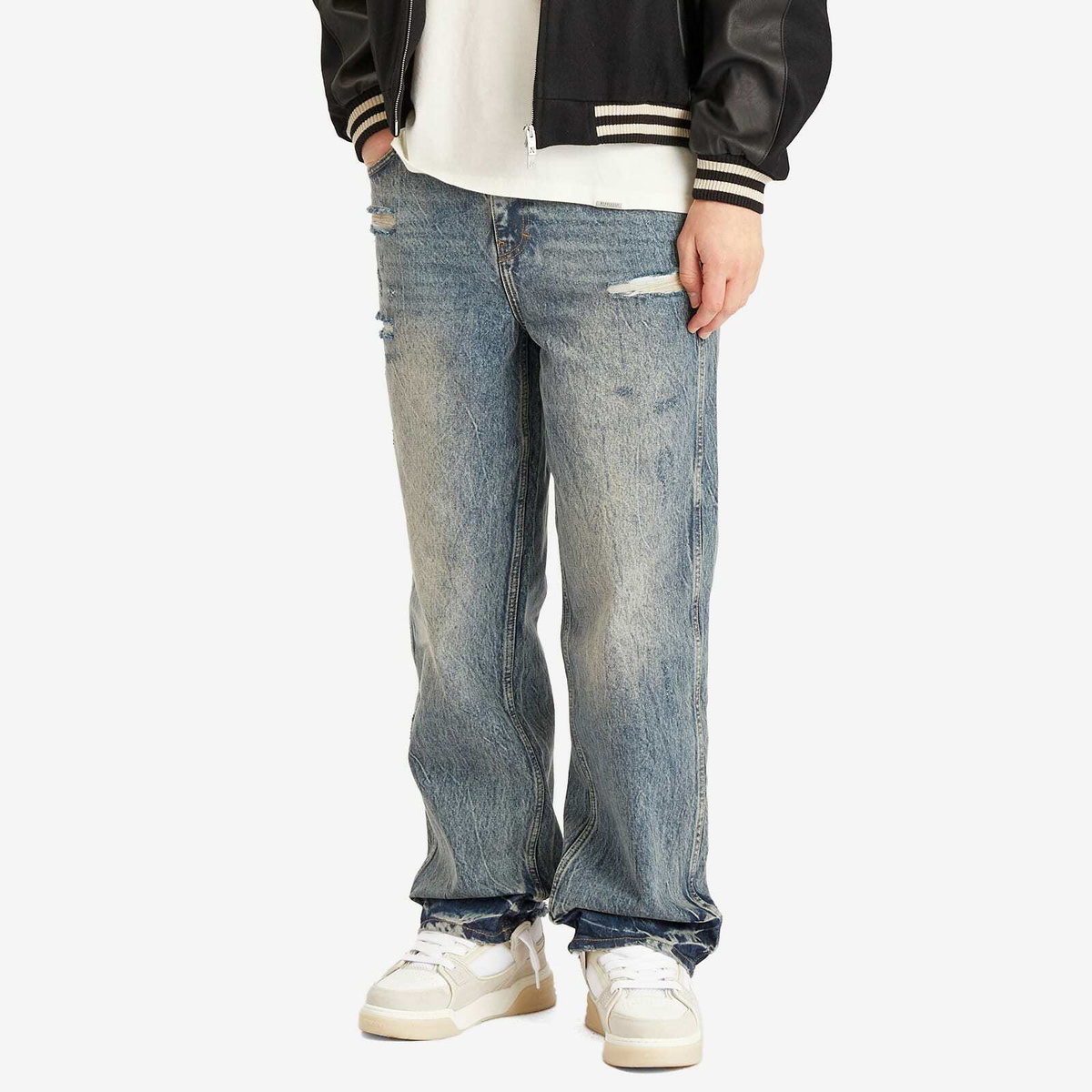 Represent Men's R3 Distressed Baggy Denim in Blue/Cream