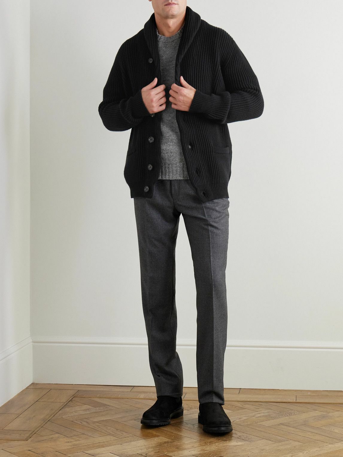 Kingsman - Shawl-Collar Ribbed Wool Cardigan - Black