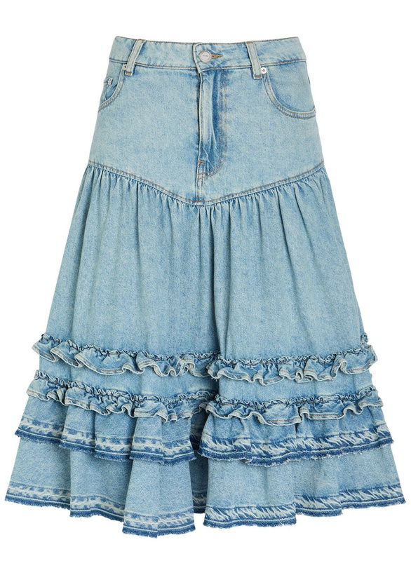 Photo: Ganni Frill Tiered Denim Midi Skirt Light Blue