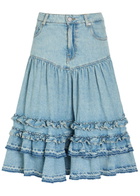 Ganni Frill Tiered Denim Midi Skirt Light Blue