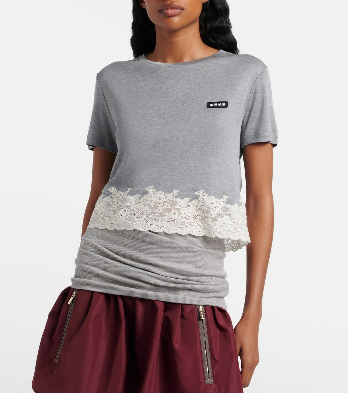 Miu Miu Lace-trimmed silk jersey crop top