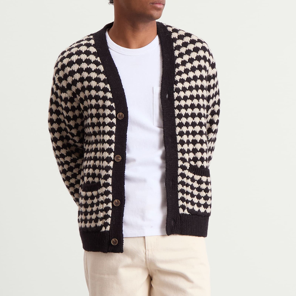 Wax London Men's Walker Bubble Knit Cardigan in Black/Ecru