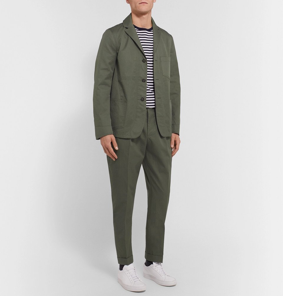 Officine Generale - Olive Tapered Pleated Washed Cotton-Twill Suit ...