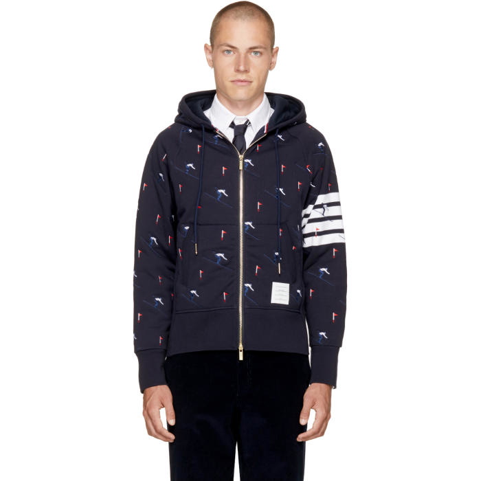 Photo: Thom Browne Navy Classic Four Bar Skier Icon Zip Up Hoodie
