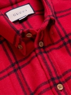 Gucci - Oversized Button-Down Collar Appliquéd Checked Wool-Blend Flannel Shirt - Red