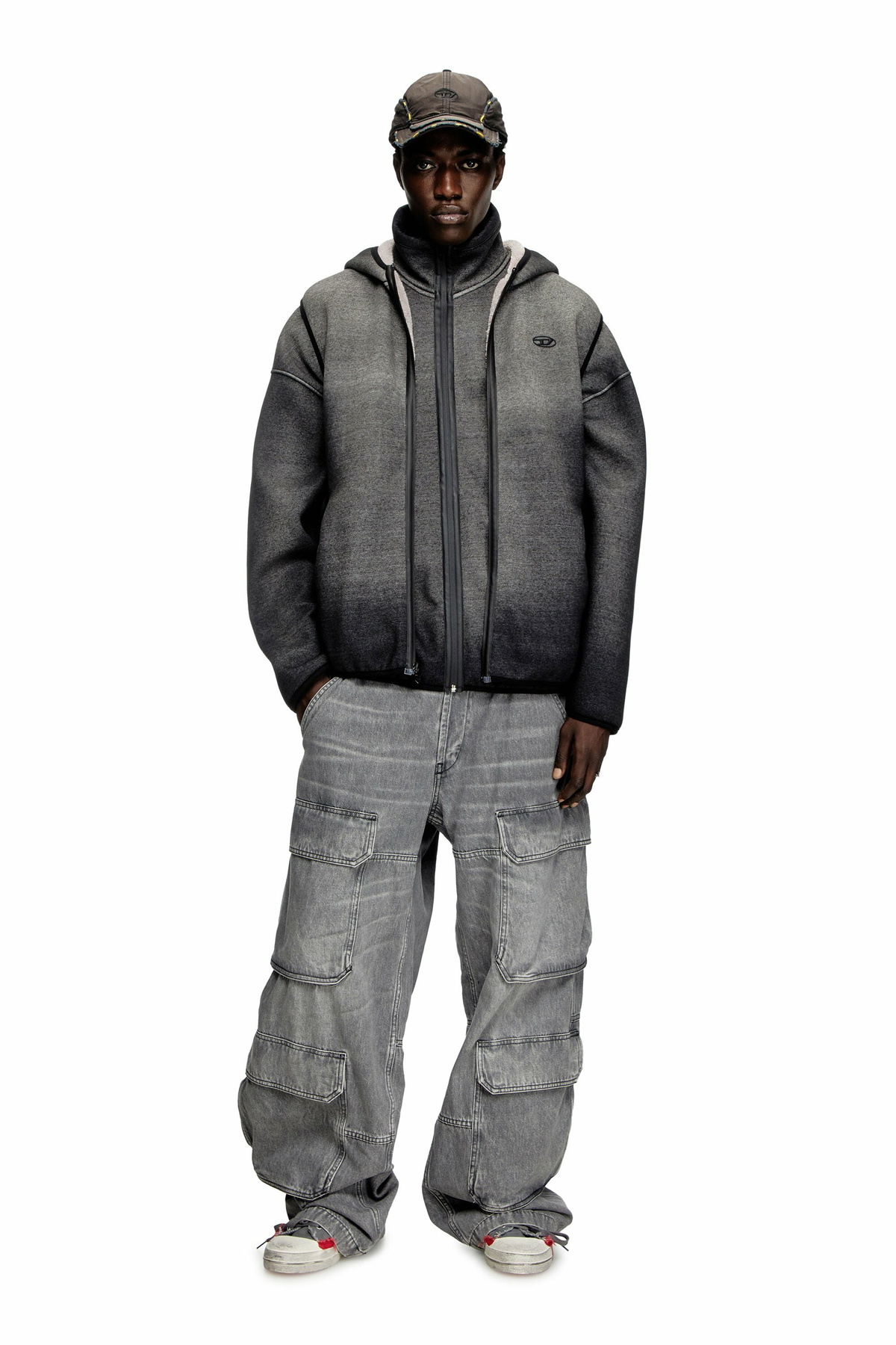 Diesel Hooded vest in denim-effect jacquard - Sweaters - Unisex - Black