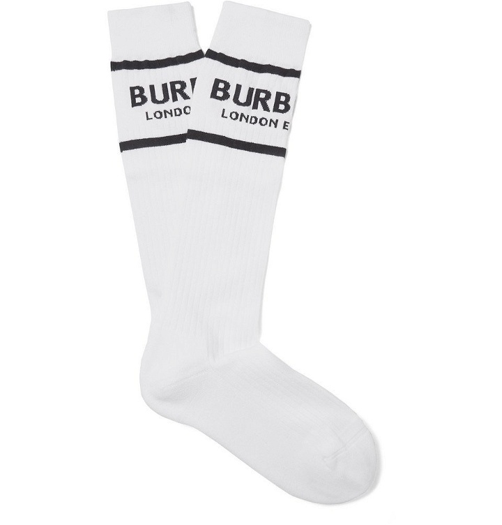 Photo: Burberry - Ribbed Logo-Intarsia Stretch Cotton-Blend Socks - White