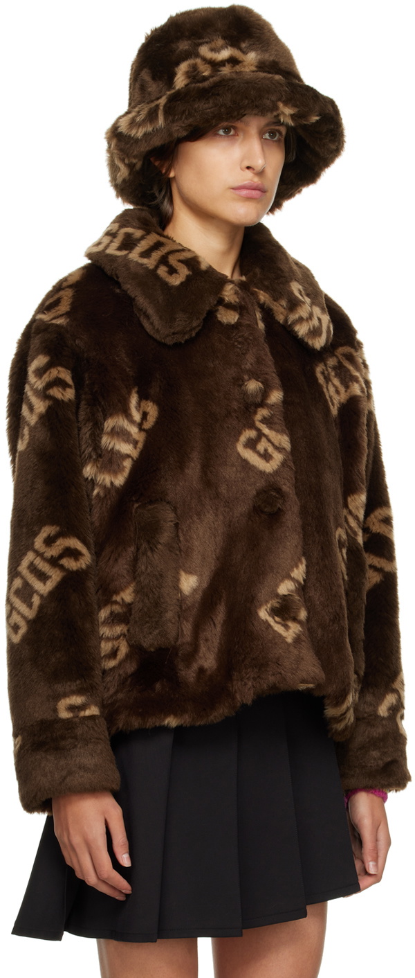 Gcds Monogram Hooded Faux Fur Jacket In Black