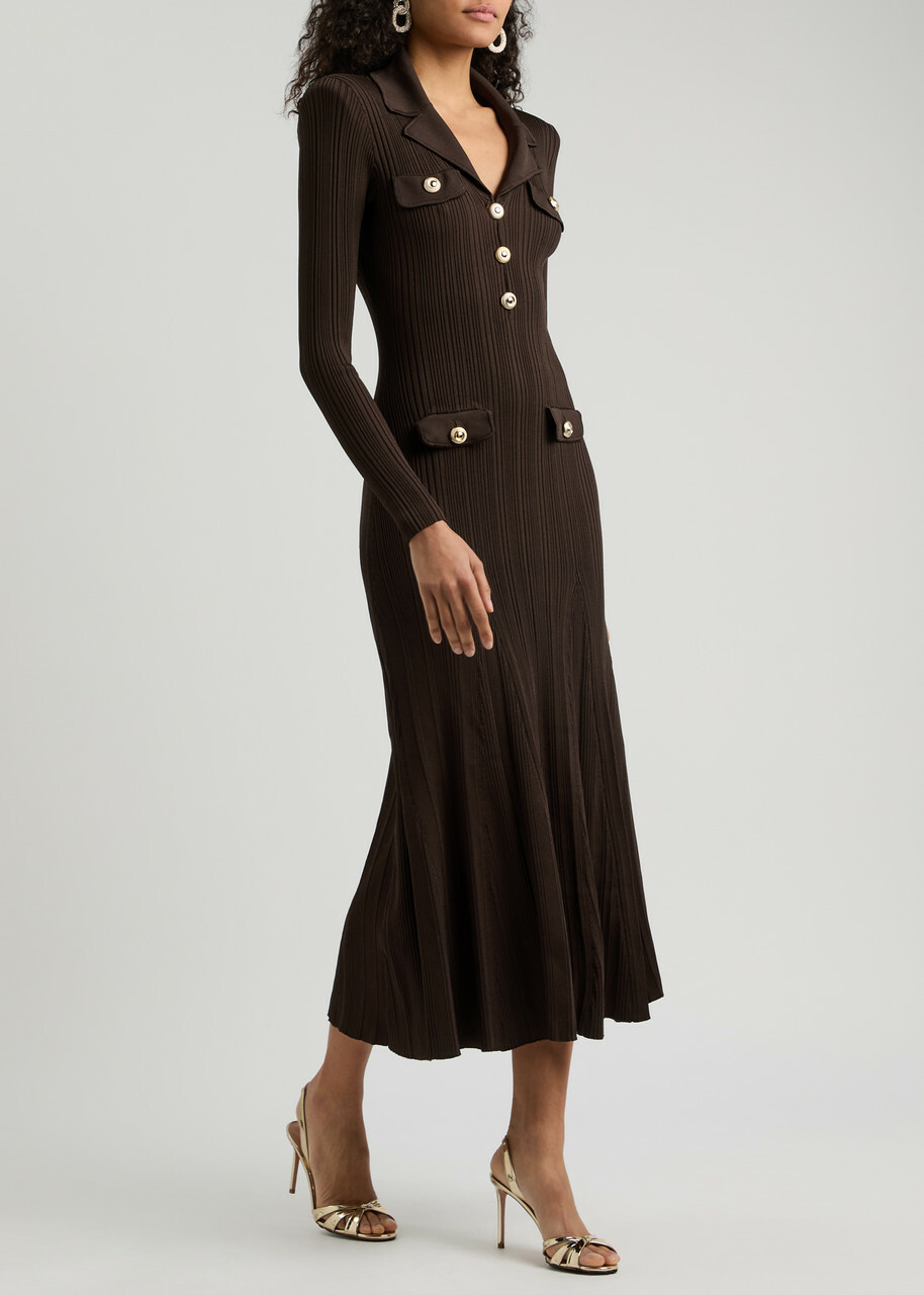 Self-portrait Ribbed-knit Maxi Dress Brown