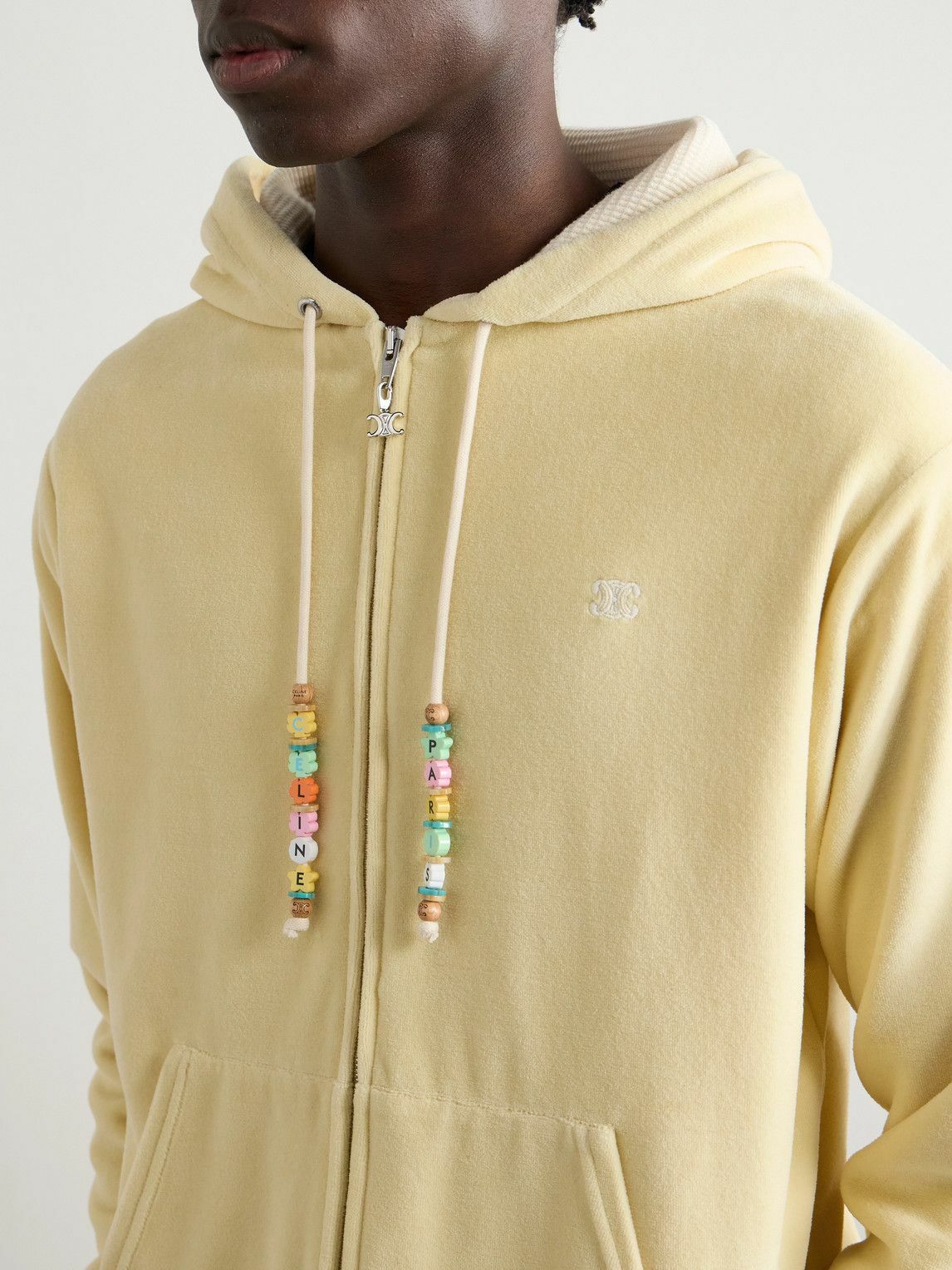 CELINE - Logo-Embroidered Cotton-Blend Velour Zip-Up Hoodie - Yellow