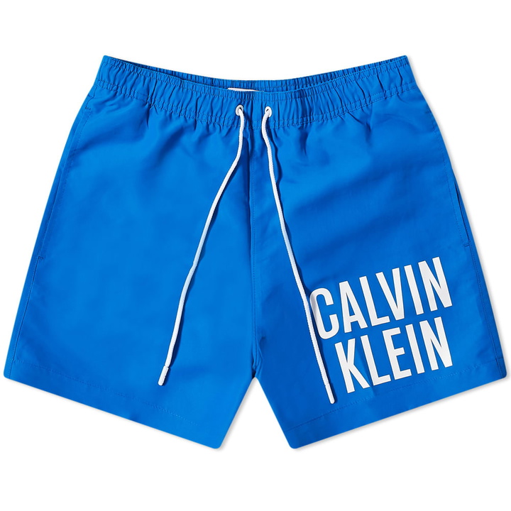 Photo: Calvin Klein Men's Large Logo Swim Short in Pioneer Blue