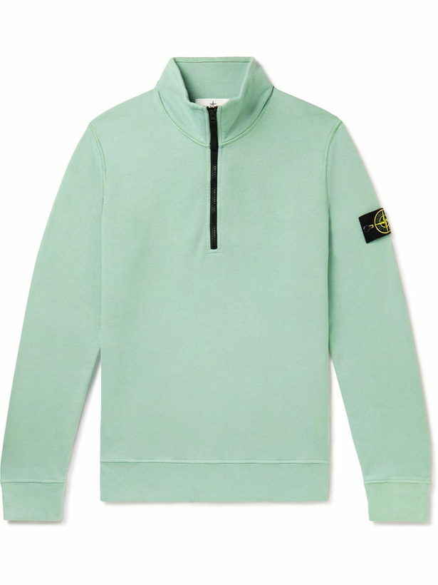 Photo: Stone Island - Logo-Appliquéd Cotton-Jersey Half-Zip Sweatshirt - Green