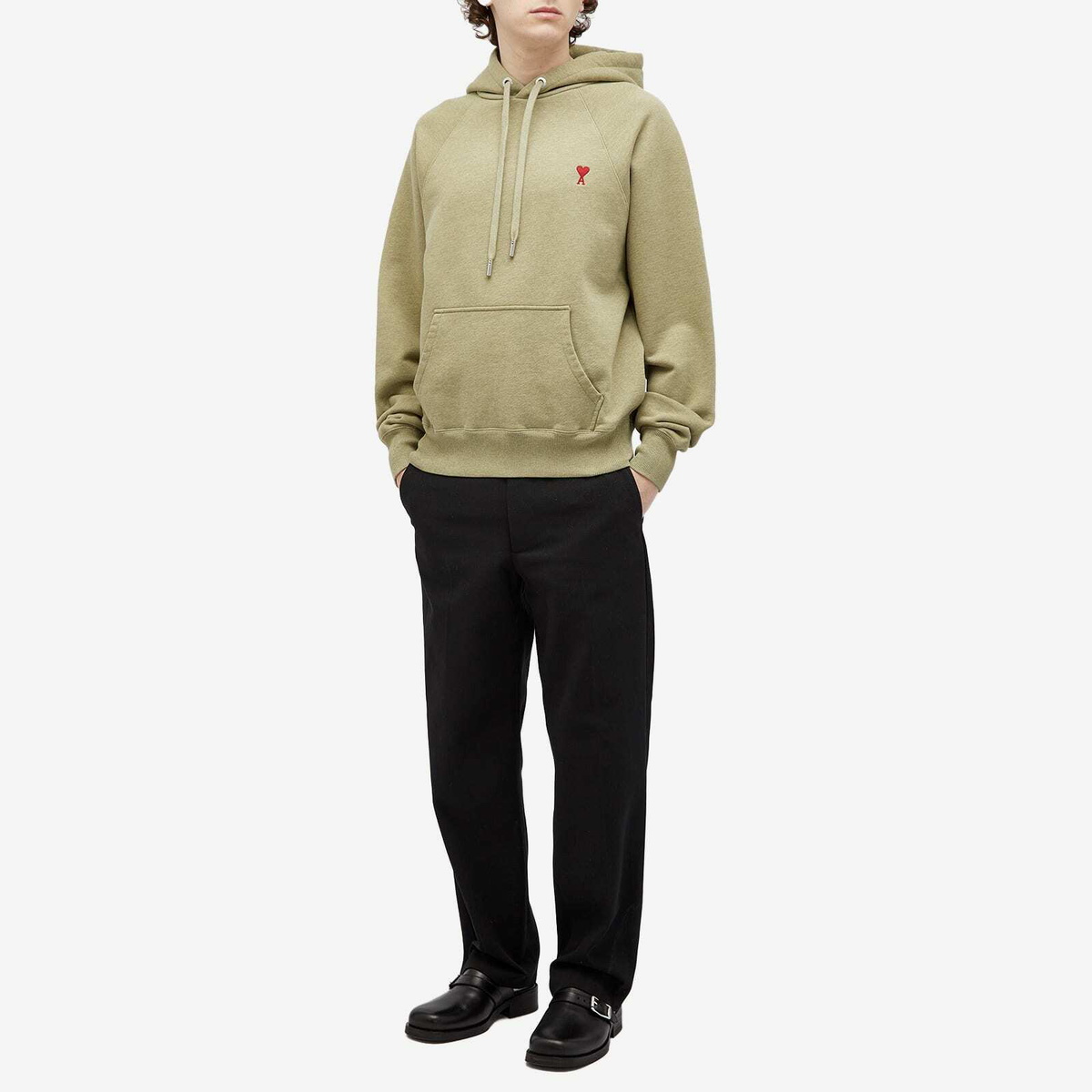 AMI Paris Men's Small A Heart Popover Hoodie in Heather Sage