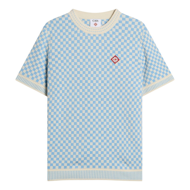 Photo: Casablanca Men's Cotton Check T-Shirt in Blue/Whtie