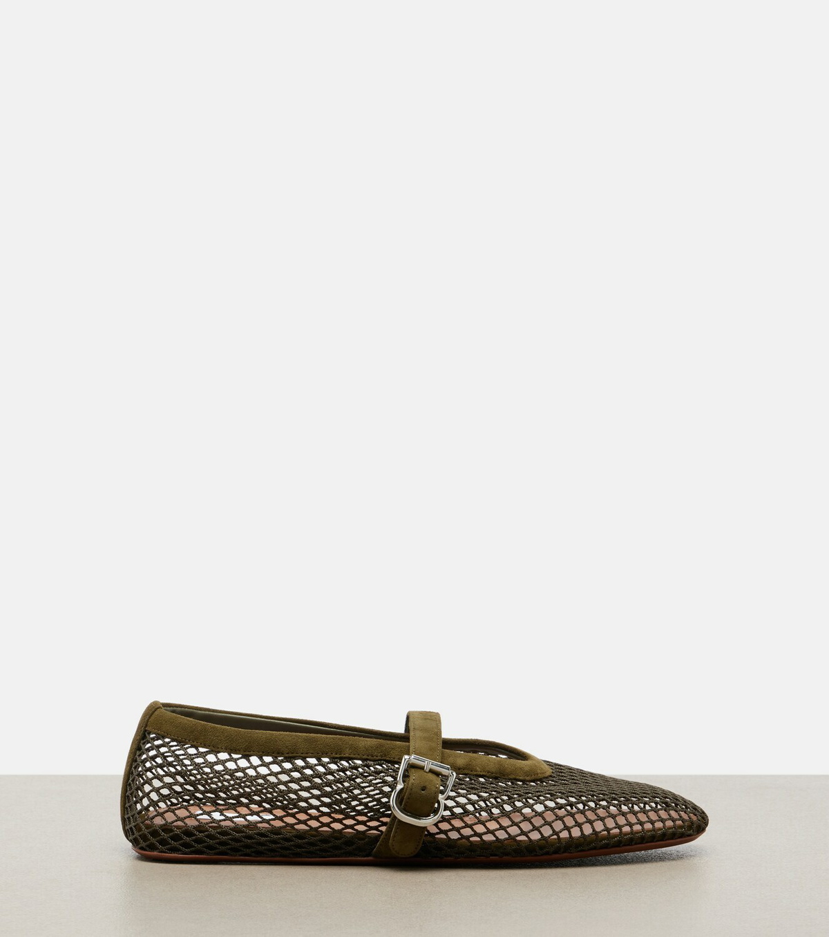 Alaïa Fishnet suede-trimmed Mary Jane flats