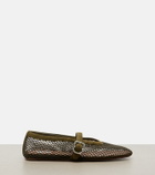 Alaïa Fishnet suede-trimmed Mary Jane flats
