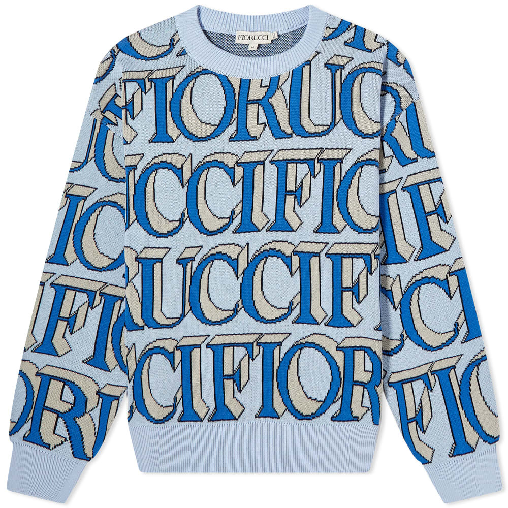 FIORUCCI Monogram Intarsia Knit Cardigan in Blue