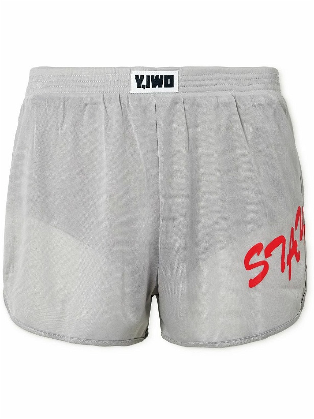 Photo: Y,IWO - Lessons Straight-Leg Logo-Print Mesh Shorts - Gray