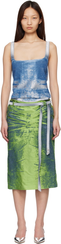 Photo: Diesel Blue & Green Open-Back Apron Satin Denim Midi Dress