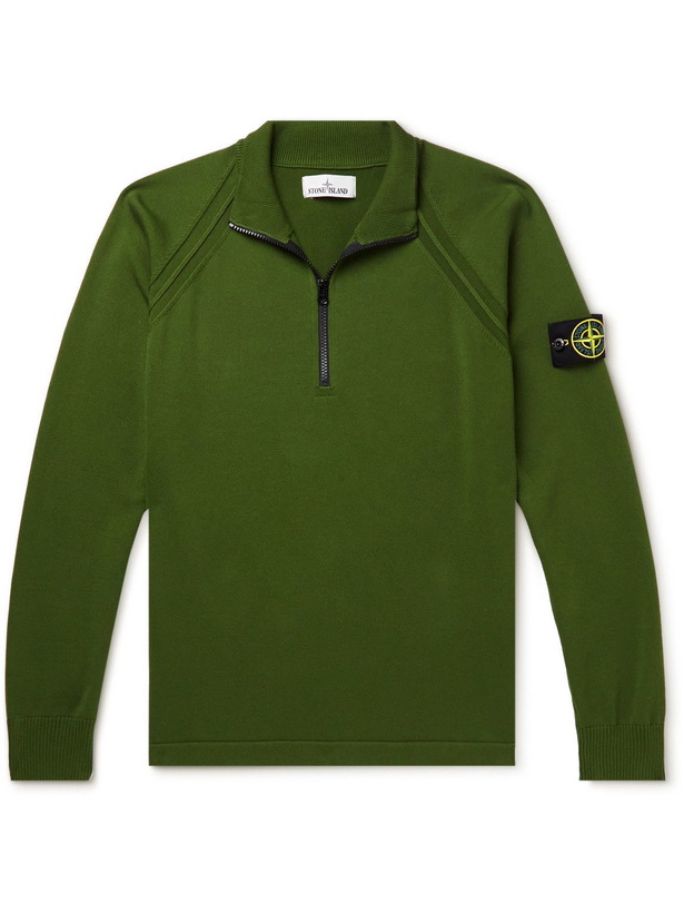 Photo: Stone Island - Logo-Appliquéd Cotton-Blend Half-Zip Sweater - Green