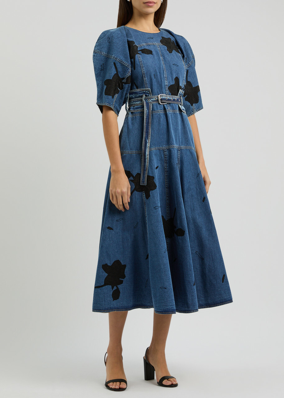 Lovebirds Floral-appliqued Belted Denim Midi Dress Blue