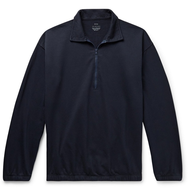 Photo: Save Khaki United - Garment-Dyed Fleece-Back Supima Cotton-Jersey Half-Zip Sweatshirt - Blue