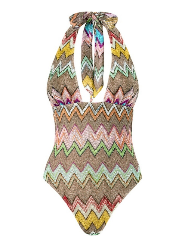 Photo: Missoni - One-piece swimsuit in lamé viscose with macro zigzag and deep neckline, Women, Black & Multicoloured