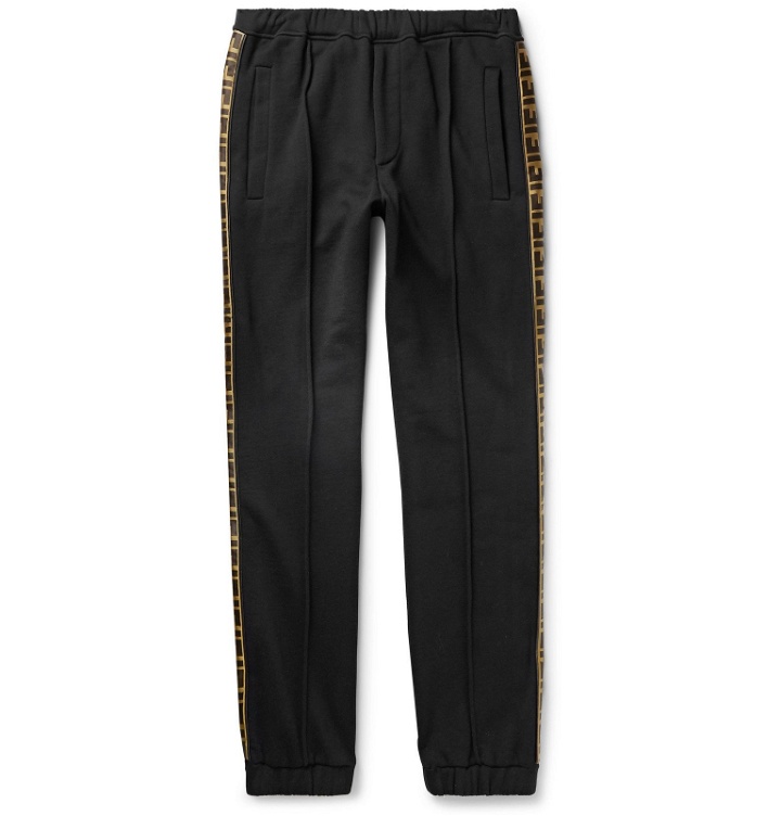 Photo: Fendi - Tapered Logo-Trimmed Wool, Cotton, Silk and Cashmere-Blend Jersey Sweatpants - Black