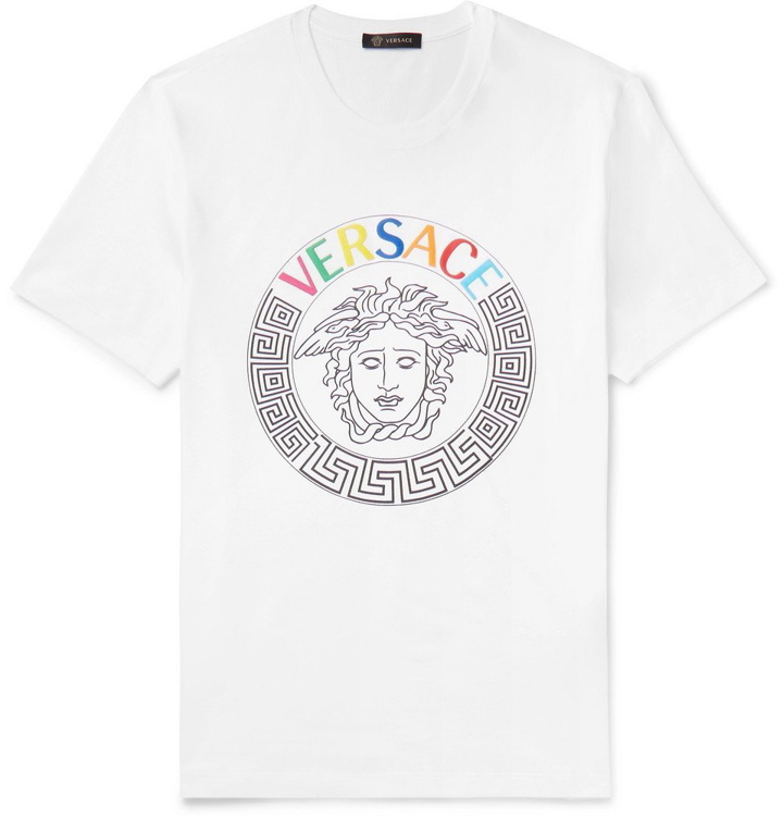 Photo: Versace - Slim-Fit Logo-Embroidered Printed Cotton-Jersey T-Shirt - White