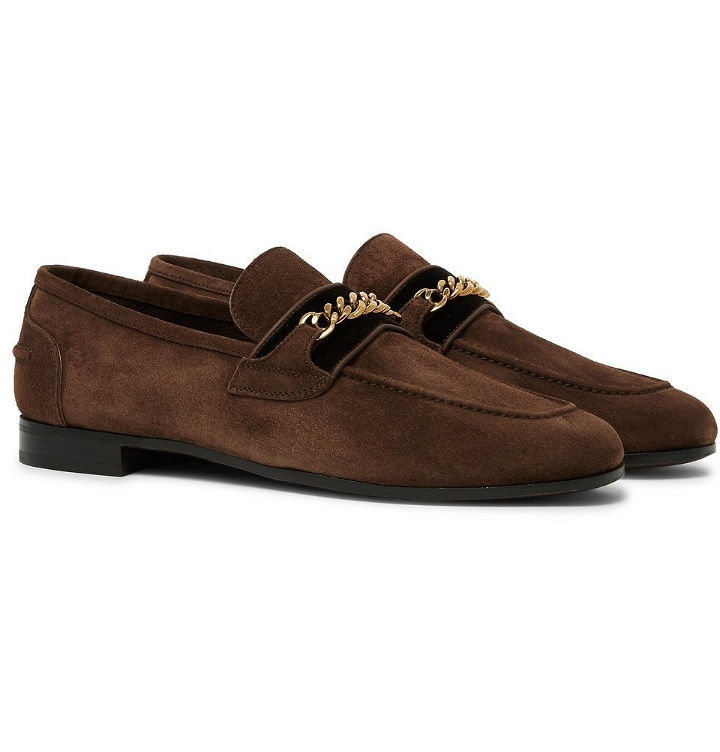 Photo: TOM FORD - Wilton Chain-Embellished Velvet-Trimmed Suede Loafers - Brown