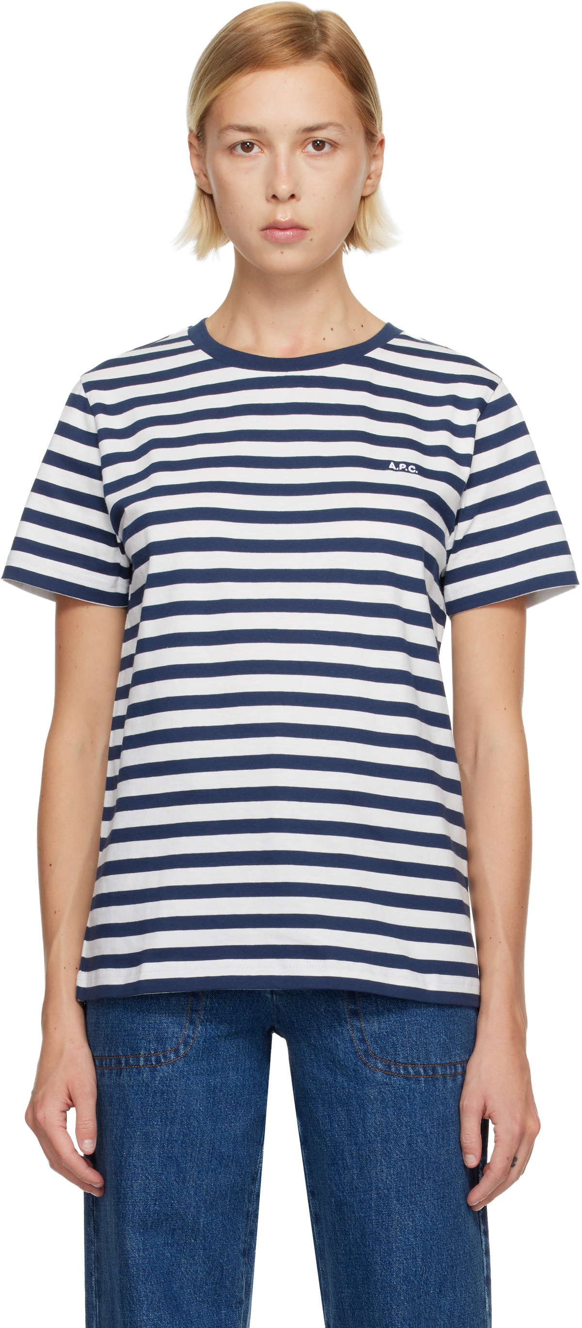 A.P.C. White & Navy Standard 'A.P.C. Brodé' T-shirt
