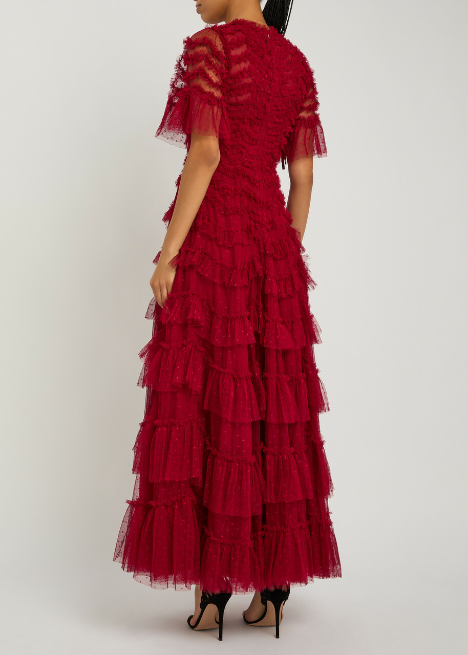 Needle & Thread Aviana Ruffled Embroidered Tulle Gown Red