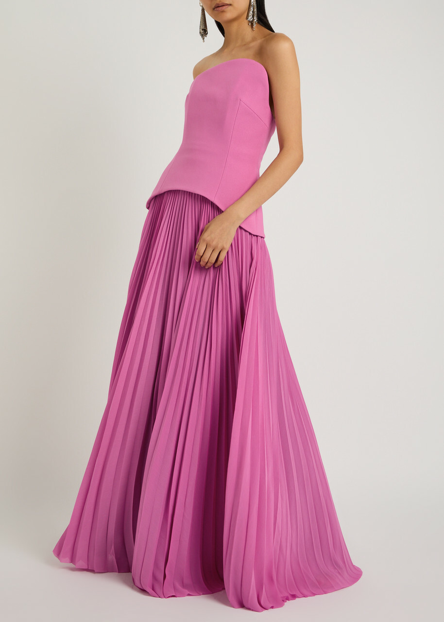 Solace London Britt Strapless Plissé and Crepe Maxi Dress Pink