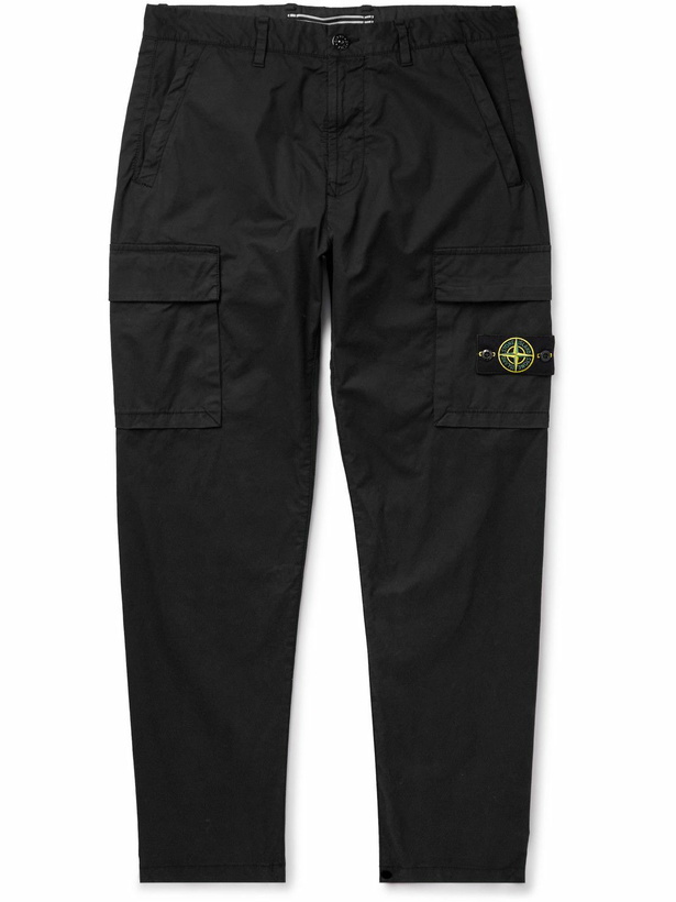 Photo: Stone Island - Tapered Logo-Appliquéd Cotton-Blend Gabardine Cargo Trousers - Black