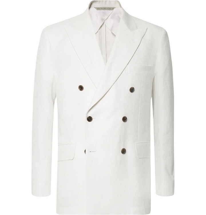 Photo: Freemans Sporting Club - White Double-Breasted Herringbone Linen Suit Jacket - Ivory