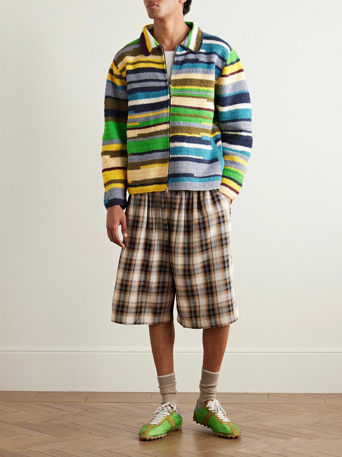 The Elder Statesman - Striped Crocheted Organic Cotton Jacket - Green