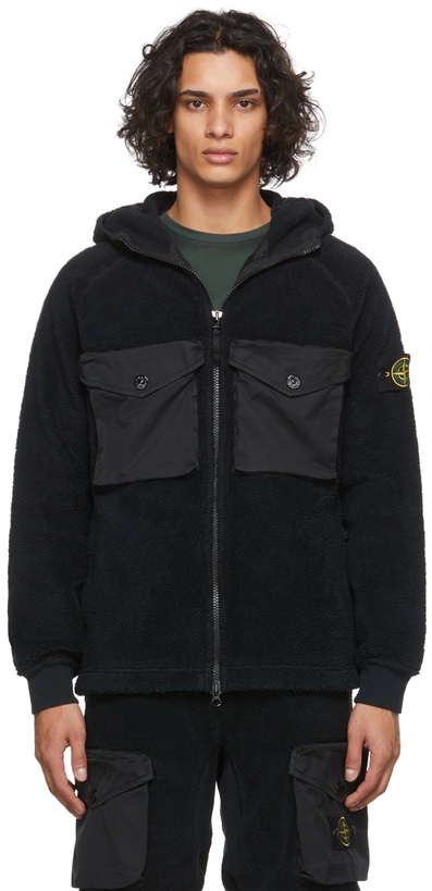 Photo: Stone Island Black Cotton Pile Hooded Zip-Up