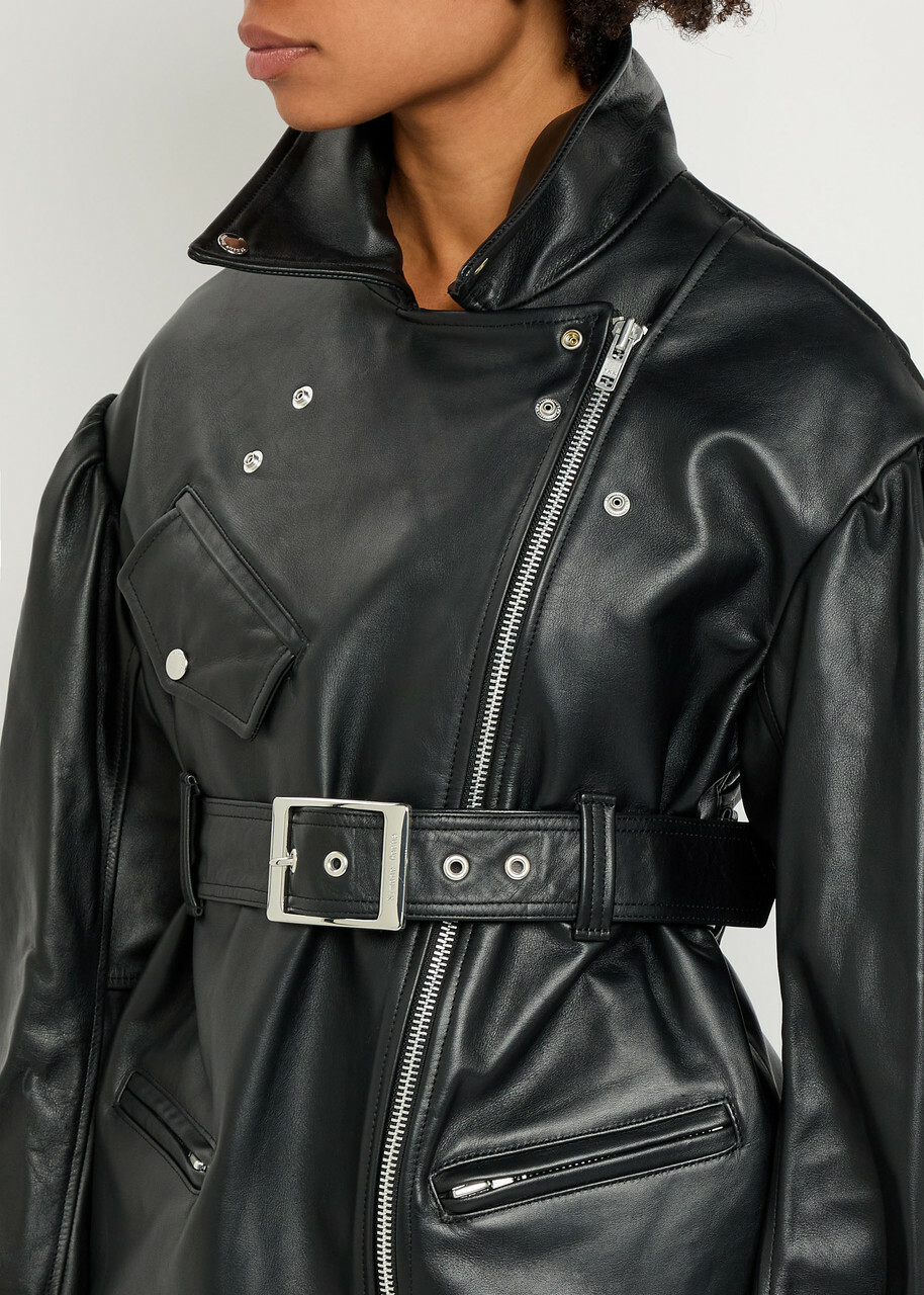 Simone Rocha Puff Sleeve Belted Leather Biker Jacket Black