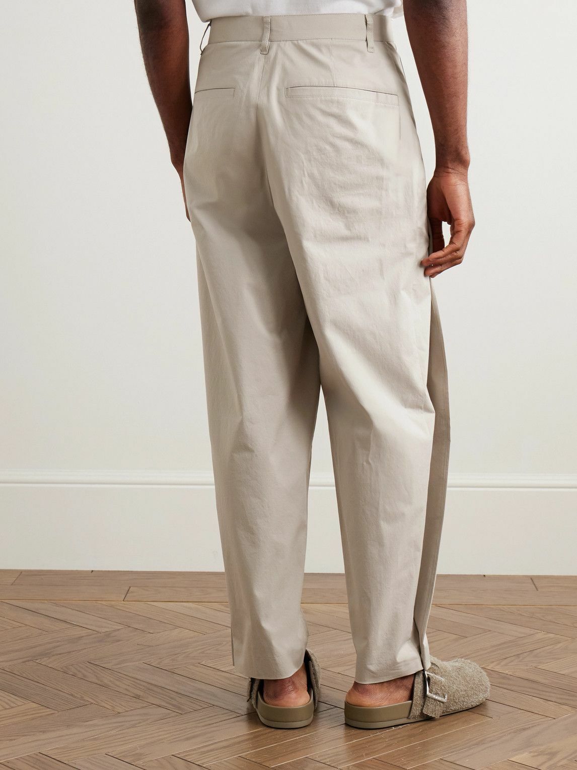Amomento - Straight-Leg Pleated Cotton-Blend Poplin Trousers - Neutrals