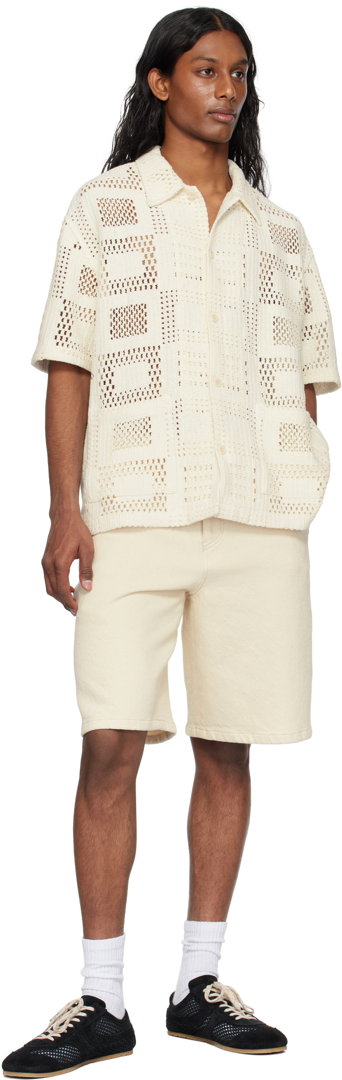 Solid Homme Off-White Cotton Twill Shorts