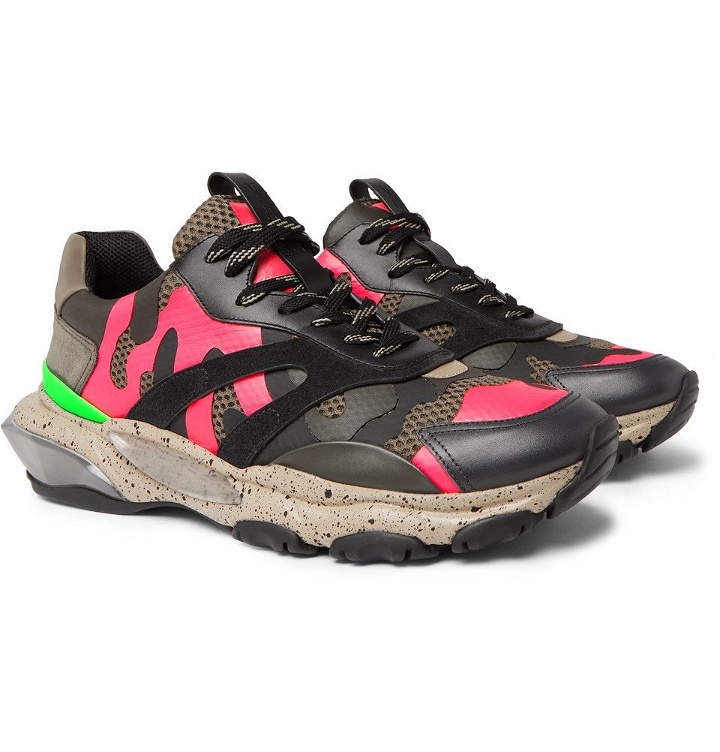Photo: Valentino - Valentino Garavani Bounce Camouflage-Print Leather, Mesh and Suede Sneakers - Pink