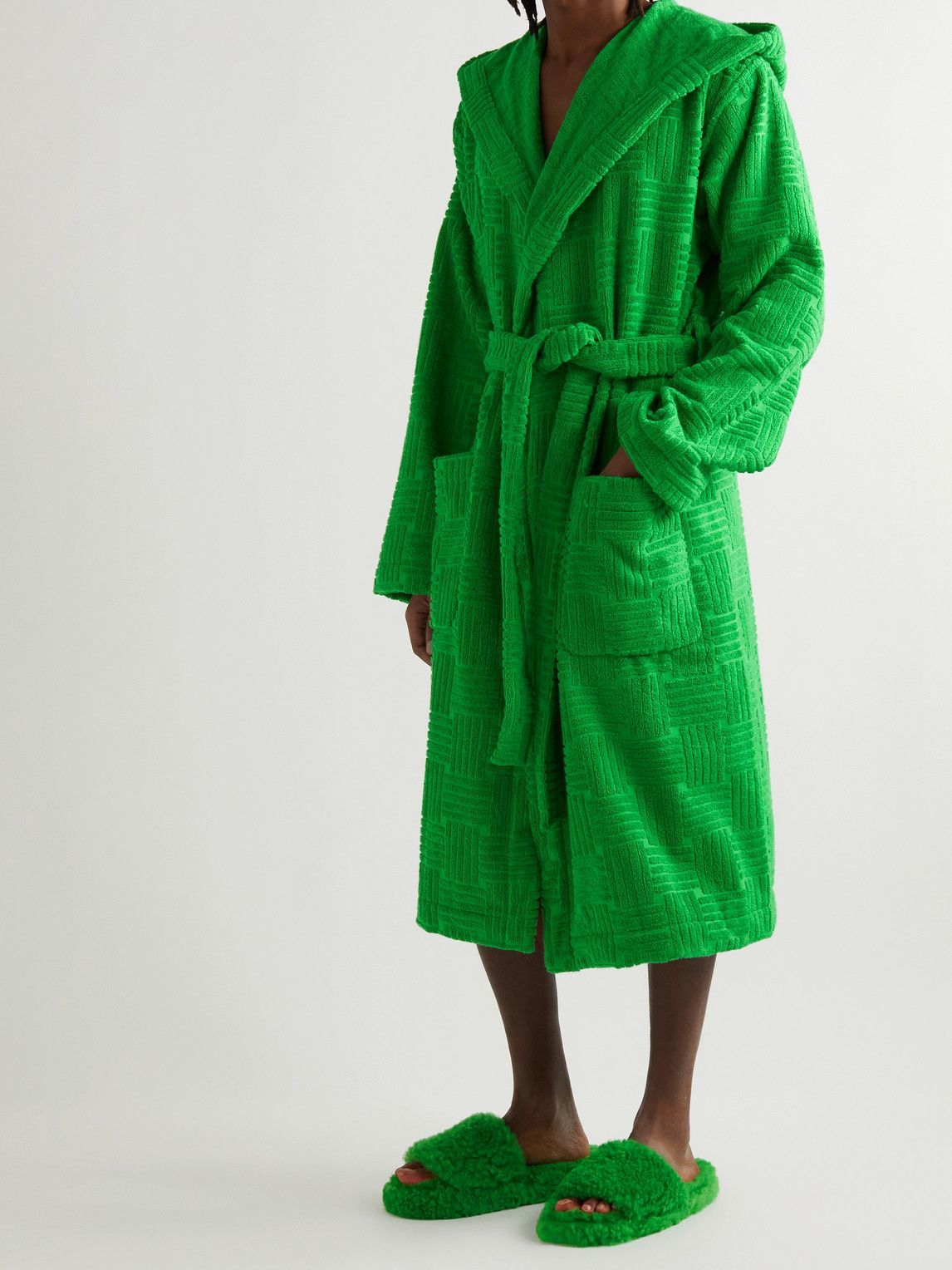 Bottega Veneta - Cotton-Terry Jacquard Hooded Robe - Green Bottega Veneta