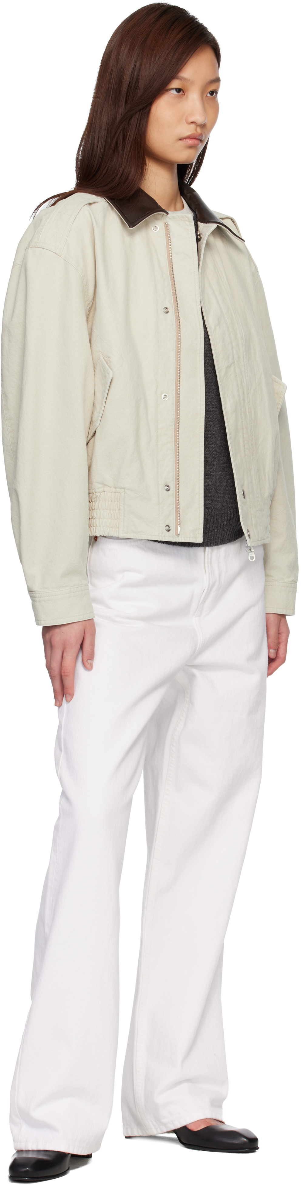 COOR Beige Leather Collar Washed Cationized Bomber Jacket