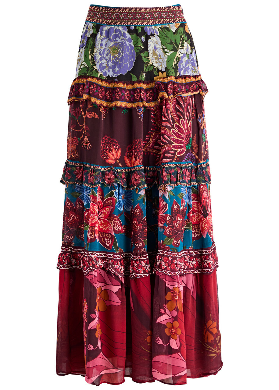 Farm Rio Ruffled Floral-print Chiffon Maxi Skirt Red
