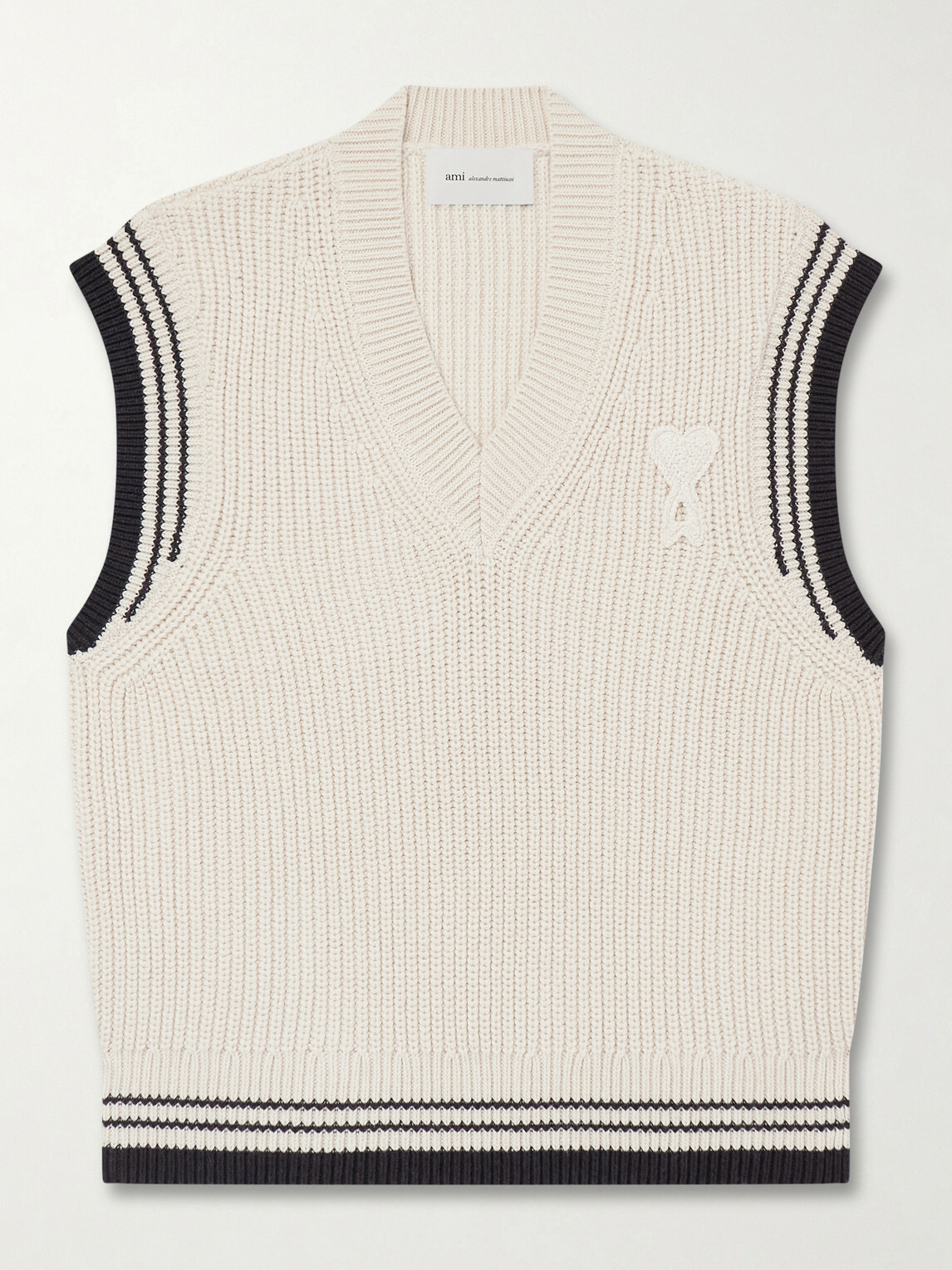 AMI PARIS - Logo-Appliquéd Striped Ribbed Wool and Cotton-Blend Vest - White